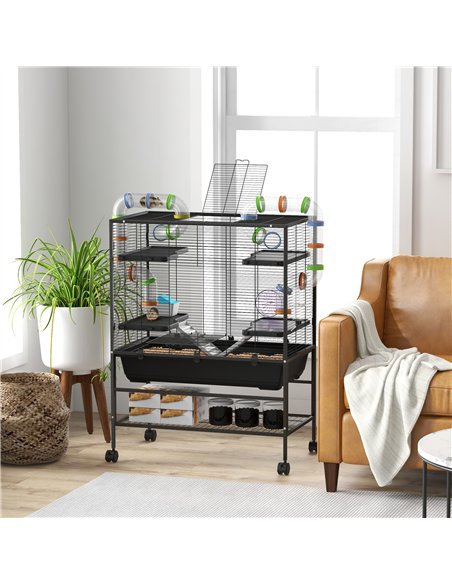 PawHut Large Hamster Cage, Gerbil Cage with Tubes, Storage Shelf, Ramps, Platforms, Running Wheel - Black - pic 158623 | FastDaddyshop