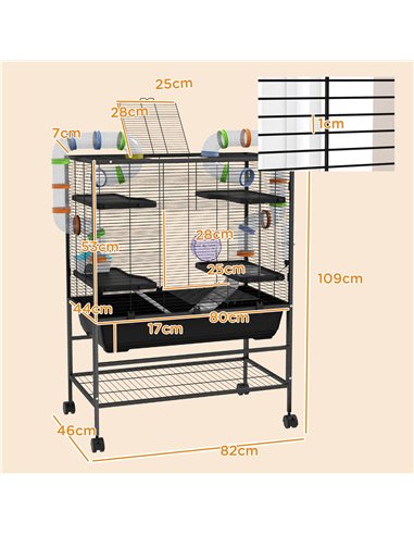 PawHut Large Hamster Cage, Gerbil Cage with Tubes, Storage Shelf, Ramps, Platforms, Running Wheel - Black