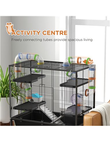 PawHut Large Hamster Cage, Gerbil Cage with Tubes, Storage Shelf, Ramps, Platforms, Running Wheel - Black
