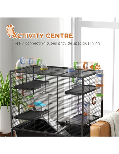 PawHut Large Hamster Cage, Gerbil Cage with Tubes, Storage Shelf, Ramps, Platforms, Running Wheel - Black - pic 158625 | FastDaddyshop