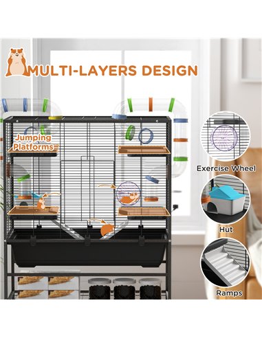 PawHut Large Hamster Cage, Gerbil Cage with Tubes, Storage Shelf, Ramps, Platforms, Running Wheel - Black