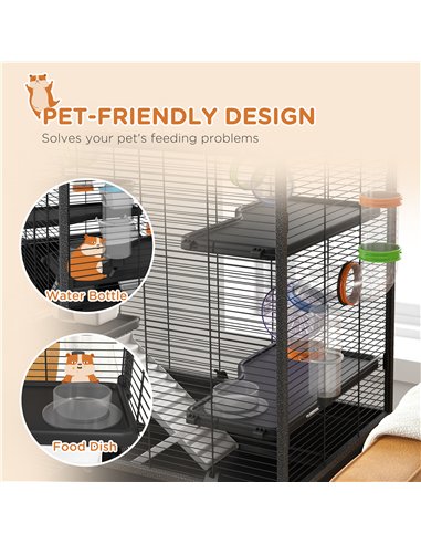 PawHut Large Hamster Cage, Gerbil Cage with Tubes, Storage Shelf, Ramps, Platforms, Running Wheel - Black