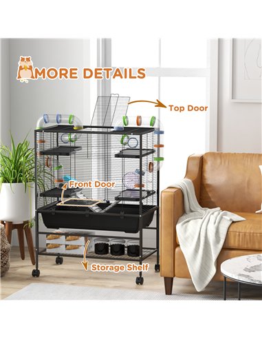 PawHut Large Hamster Cage, Gerbil Cage with Tubes, Storage Shelf, Ramps, Platforms, Running Wheel - Black