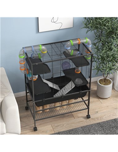 PawHut Large Hamster Cage, Gerbil Cage with Tubes, Storage Shelf, Ramps, Platforms, Running Wheel - Black