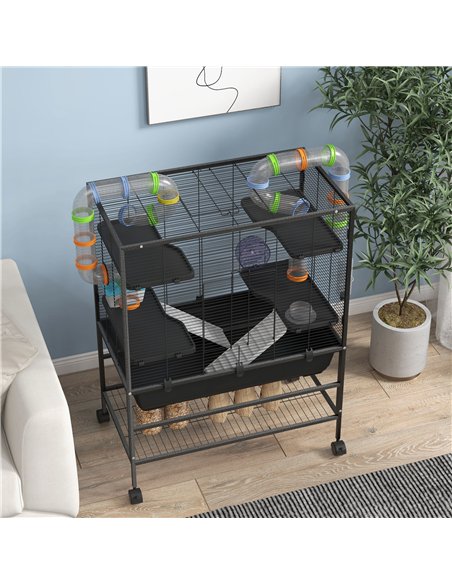 PawHut Large Hamster Cage, Gerbil Cage with Tubes, Storage Shelf, Ramps, Platforms, Running Wheel - Black - pic 158630 | FastDaddyshop