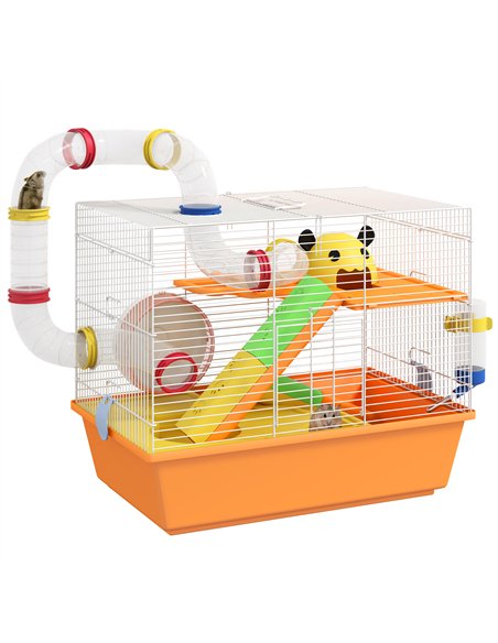PawHut 3 Tiers Gerbil Cage, Hamster Cage with Tubes, Exercise Wheel, Ladder, Top Handle, 45 x 28 x 37cm - Orange - pic 158631 | FastDaddyshop