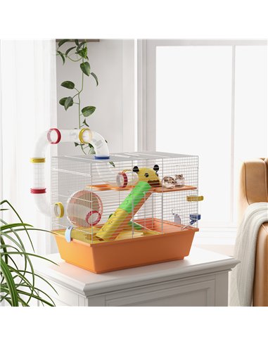 PawHut 3 Tiers Gerbil Cage, Hamster Cage with Tubes, Exercise Wheel, Ladder, Top Handle, 45 x 28 x 37cm - Orange