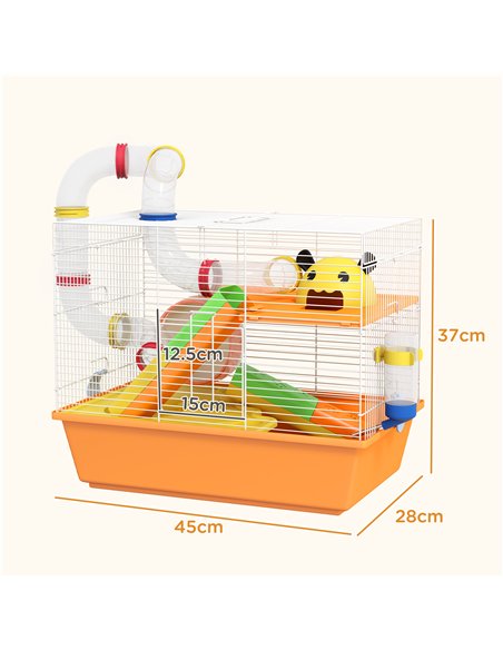 PawHut 3 Tiers Gerbil Cage, Hamster Cage with Tubes, Exercise Wheel, Ladder, Top Handle, 45 x 28 x 37cm - Orange - pic 158633 | FastDaddyshop