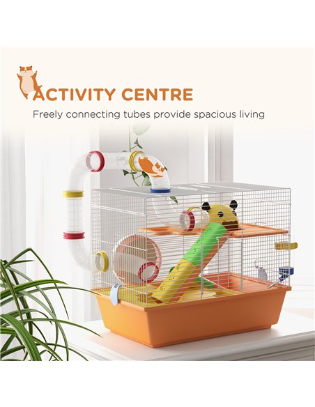 PawHut 3 Tiers Gerbil Cage, Hamster Cage with Tubes, Exercise Wheel, Ladder, Top Handle, 45 x 28 x 37cm - Orange - pic 158634 | FastDaddyshop