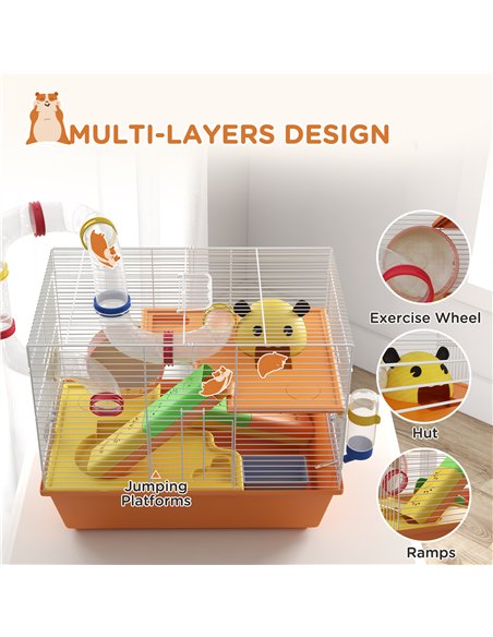 PawHut 3 Tiers Gerbil Cage, Hamster Cage with Tubes, Exercise Wheel, Ladder, Top Handle, 45 x 28 x 37cm - Orange - pic 158635 | FastDaddyshop