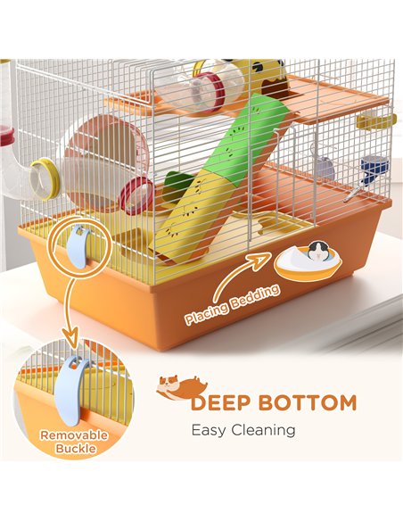 PawHut 3 Tiers Gerbil Cage, Hamster Cage with Tubes, Exercise Wheel, Ladder, Top Handle, 45 x 28 x 37cm - Orange - pic 158636 | FastDaddyshop