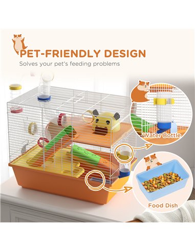 PawHut 3 Tiers Gerbil Cage, Hamster Cage with Tubes, Exercise Wheel, Ladder, Top Handle, 45 x 28 x 37cm - Orange