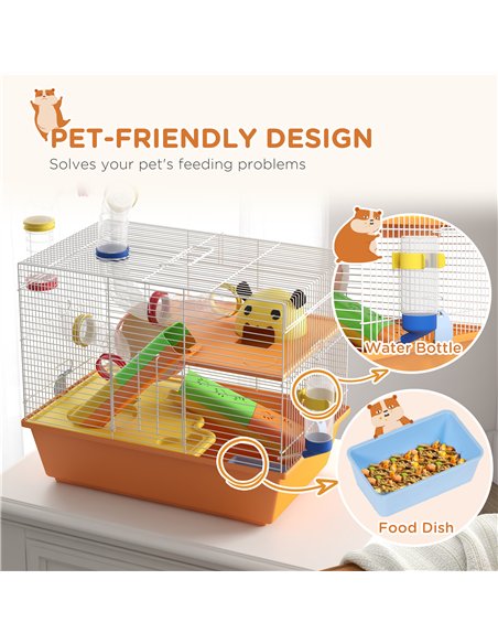 PawHut 3 Tiers Gerbil Cage, Hamster Cage with Tubes, Exercise Wheel, Ladder, Top Handle, 45 x 28 x 37cm - Orange - pic 158637 | FastDaddyshop
