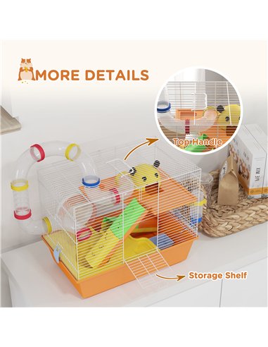 PawHut 3 Tiers Gerbil Cage, Hamster Cage with Tubes, Exercise Wheel, Ladder, Top Handle, 45 x 28 x 37cm - Orange