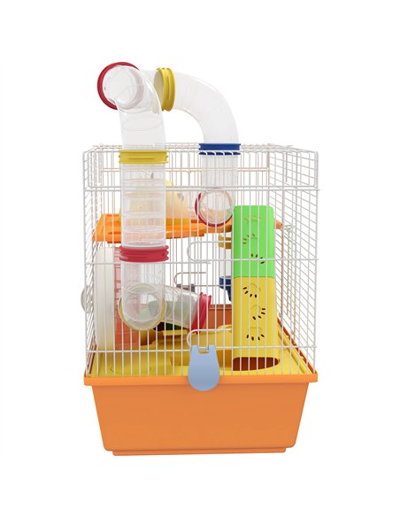 PawHut 3 Tiers Gerbil Cage, Hamster Cage with Tubes, Exercise Wheel, Ladder, Top Handle, 45 x 28 x 37cm - Orange - pic 158639 | FastDaddyshop