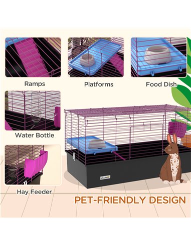 PawHut Chinchillas Small Rabbit Guinea Pig Small Animal Cage, Pet Playhouse, with Platform, Ramp, 99 x 52 x 53cm, Black