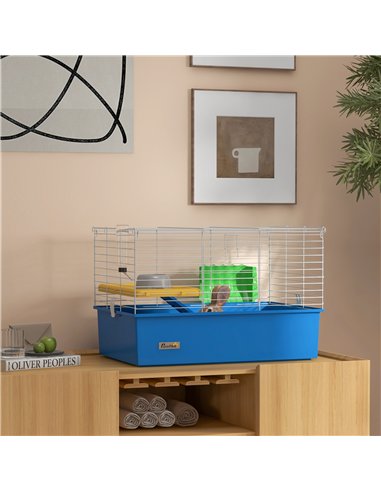 PawHut Chinchillas Small Rabbit Guinea Pig Small Animal Cage, Pet Playhouse, with Platform, Ramp, 71 x 46 x 47cm, Blue