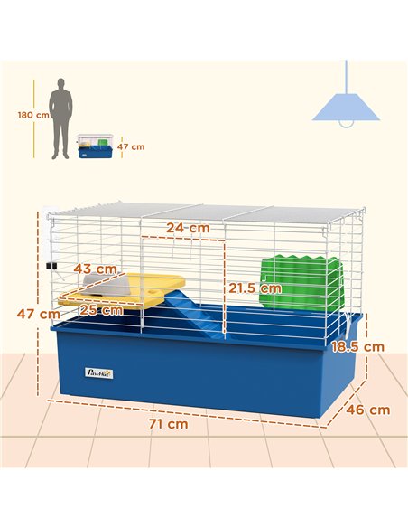PawHut Chinchillas Small Rabbit Guinea Pig Small Animal Cage, Pet Playhouse, with Platform, Ramp, 71 x 46 x 47cm, Blue - pic 158651 | FastDaddyshop