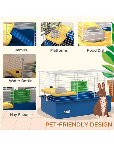 PawHut Chinchillas Small Rabbit Guinea Pig Small Animal Cage, Pet Playhouse, with Platform, Ramp, 71 x 46 x 47cm, Blue