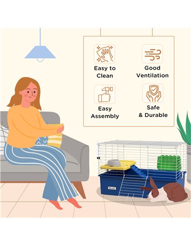 PawHut Chinchillas Small Rabbit Guinea Pig Small Animal Cage, Pet Playhouse, with Platform, Ramp, 71 x 46 x 47cm, Blue