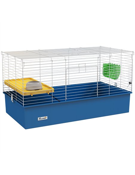 PawHut Chinchillas Small Rabbit Guinea Pig Small Animal Cage, Pet Playhouse, with Platform, Ramp, 99 x 52 x 53cm, Blue - pic 158658 | FastDaddyshop