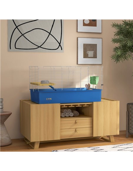 PawHut Chinchillas Small Rabbit Guinea Pig Small Animal Cage, Pet Playhouse, with Platform, Ramp, 99 x 52 x 53cm, Blue - pic 158659 | FastDaddyshop