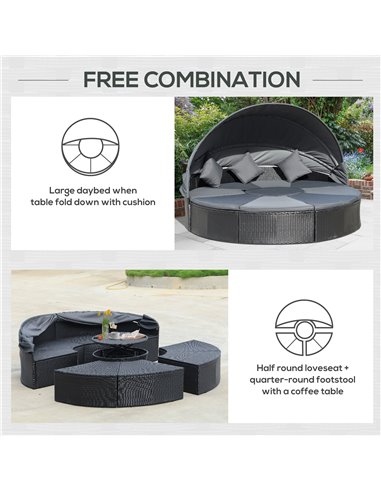 Outsunny 4 Pieces PE Rattan Garden Daybed Set with Coffee Table & Canopy, Black