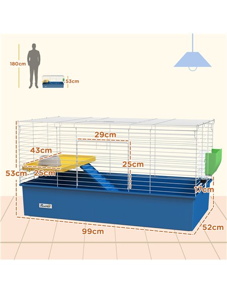 PawHut Chinchillas Small Rabbit Guinea Pig Small Animal Cage, Pet Playhouse, with Platform, Ramp, 99 x 52 x 53cm, Blue - pic 158660 | FastDaddyshop