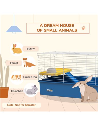 PawHut Chinchillas Small Rabbit Guinea Pig Small Animal Cage, Pet Playhouse, with Platform, Ramp, 99 x 52 x 53cm, Blue