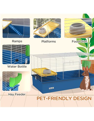 PawHut Chinchillas Small Rabbit Guinea Pig Small Animal Cage, Pet Playhouse, with Platform, Ramp, 99 x 52 x 53cm, Blue