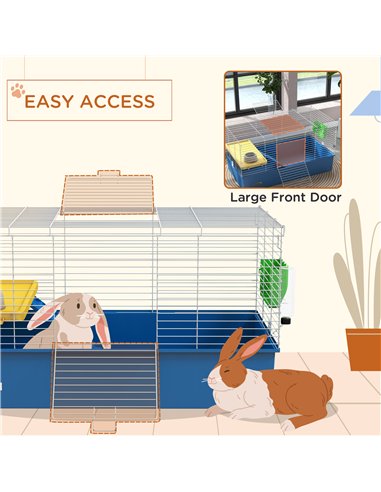 PawHut Chinchillas Small Rabbit Guinea Pig Small Animal Cage, Pet Playhouse, with Platform, Ramp, 99 x 52 x 53cm, Blue