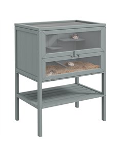 PawHut Wooden Hamster Cage 3 Tier House w/ Storage Shelf, Openable Top for Gerbils, Grey