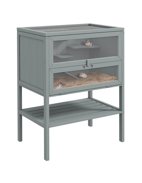 PawHut Wooden Hamster Cage 3 Tier House w/ Storage Shelf, Openable Top for Gerbils, Grey - pic 158667 | FastDaddyshop