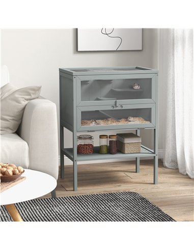 PawHut Wooden Hamster Cage 3 Tier House w/ Storage Shelf, Openable Top for Gerbils, Grey