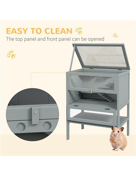 PawHut Wooden Hamster Cage 3 Tier House w/ Storage Shelf, Openable Top for Gerbils, Grey - pic 158671 | FastDaddyshop
