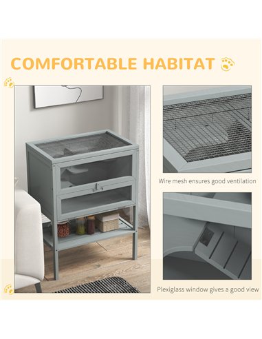 PawHut Wooden Hamster Cage 3 Tier House w/ Storage Shelf, Openable Top for Gerbils, Grey