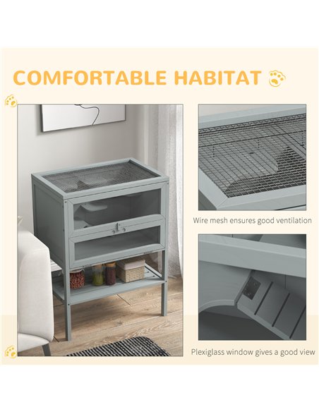 PawHut Wooden Hamster Cage 3 Tier House w/ Storage Shelf, Openable Top for Gerbils, Grey - pic 158672 | FastDaddyshop