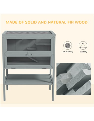 PawHut Wooden Hamster Cage 3 Tier House w/ Storage Shelf, Openable Top for Gerbils, Grey