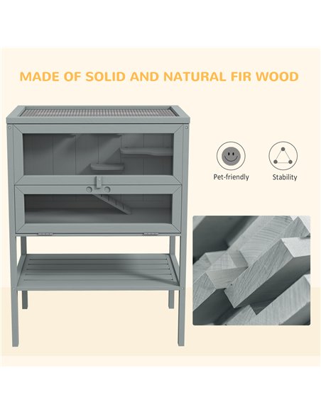 PawHut Wooden Hamster Cage 3 Tier House w/ Storage Shelf, Openable Top for Gerbils, Grey - pic 158673 | FastDaddyshop