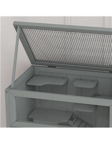 PawHut Wooden Hamster Cage 3 Tier House w/ Storage Shelf, Openable Top for Gerbils, Grey