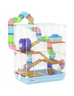 PawHut 5 Tier Hamster Cage Carrier Habitat w/ Exercise Wheels, Tunnel, Light Blue