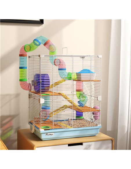 PawHut 5 Tier Hamster Cage Carrier Habitat w/ Exercise Wheels, Tunnel, Light Blue - pic 158677 | FastDaddyshop