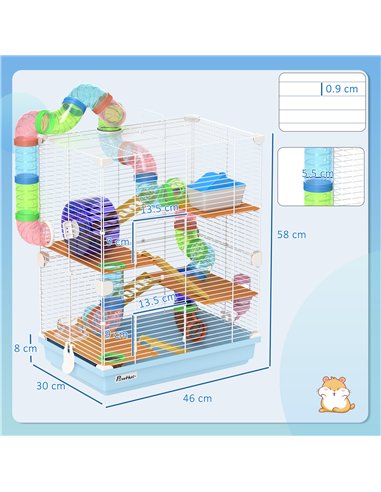 PawHut 5 Tier Hamster Cage Carrier Habitat w/ Exercise Wheels, Tunnel, Light Blue