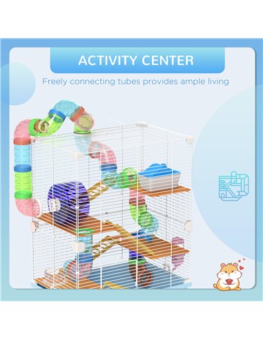 PawHut 5 Tier Hamster Cage Carrier Habitat w/ Exercise Wheels, Tunnel, Light Blue