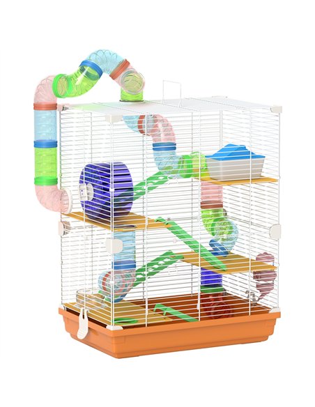 PawHut 5 Tier Hamster Cage Carrier Habitat w/ Exercise Wheels, Tunnel, Orange - pic 158685 | FastDaddyshop