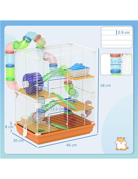 PawHut 5 Tier Hamster Cage Carrier Habitat w/ Exercise Wheels, Tunnel, Orange - pic 158687 | FastDaddyshop