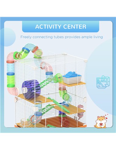 PawHut 5 Tier Hamster Cage Carrier Habitat w/ Exercise Wheels, Tunnel, Orange