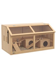 PawHut Hamster Cage, Wooden Small Animal Cage for Gerbils, Mice w/ Suspension Bridge, Openable Top, Hut, 85 x 45 x 44cm Nature
