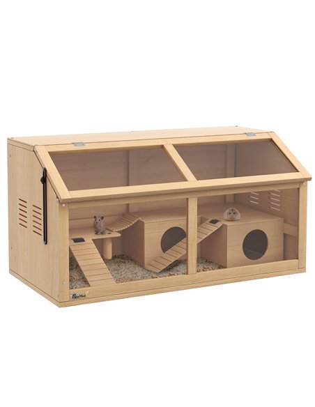 PawHut Hamster Cage, Wooden Small Animal Cage for Gerbils, Mice w/ Suspension Bridge, Openable Top, Hut, 85 x 45 x 44cm Nature - pic 158703 | FastDaddyshop