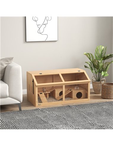 PawHut Hamster Cage, Wooden Small Animal Cage for Gerbils, Mice w/ Suspension Bridge, Openable Top, Hut, 85 x 45 x 44cm Nature